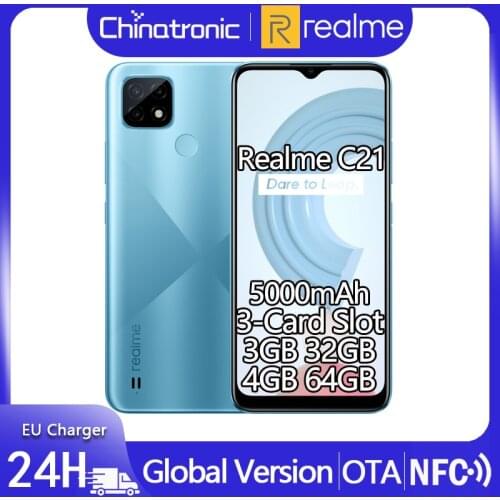 Realme C21 3GB 32GB Global Version Android 10 Mobile Phone 6.5"HD Helio G35 5000mAh 13MP AI Triple Camera EU Charger 3-Card NFC