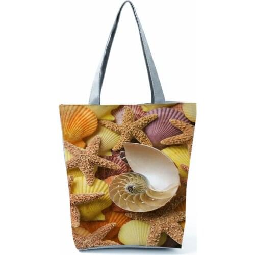 Starfish Conch Printed Shoulder Bags Beach Fashion Womens Bag Eco Friendly Handbags Portable Shopping Bag High Capacity Tote