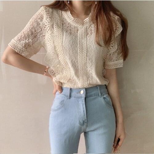 Cropped Shirts Women Short Sleeve O-Neck Casual Lace Hollow Out Elegant Fashion Retro All-match Slim Summer Oversize Ulzzang Ins