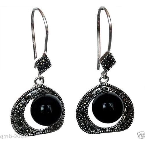 VINTAGE 925 STERLING SILVER 10MM NATURAL BLACK MARCASITE EARRINGS