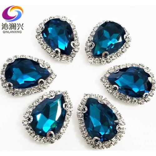 Top grade Silver bottom Glass Crystal buckle,Peacock blue Drop shape sew on rhinestones with holes,Diy/wedding decoration