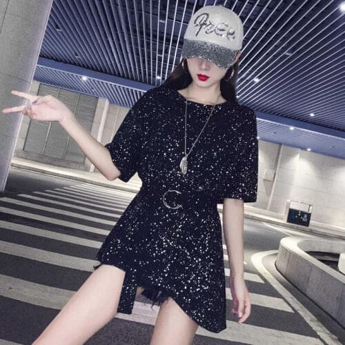 Bling Summer Top for Women Korean Fashion Short Sleeve T Shirt Black Round Neck Womens Loose Tops Femme with Belt Y707