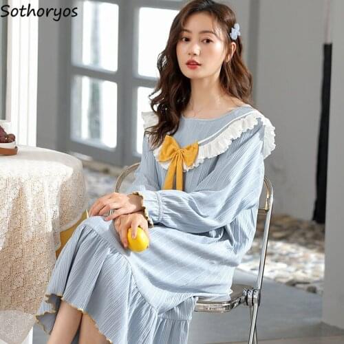 Women Patchwork Sleepshirts Loose Bow Long Sleeve Cozy Teenagers Lovely Large Size M-4XL Autumn Trendy Nightgowns Casual Lounge