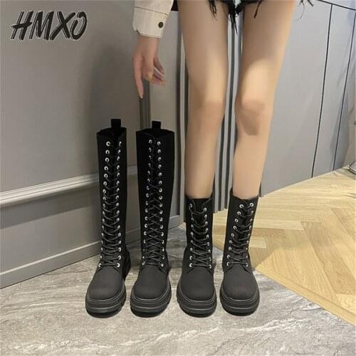 HMXO Thick-soled Knight Boots Women Boots Canvas British High-top Hottie Handsome Women Boots Knee-length Lace-up Women Shoes