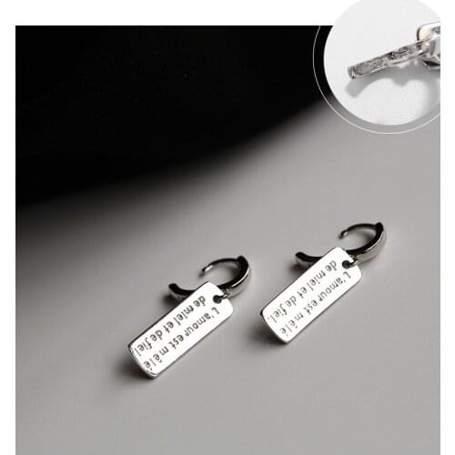 Silver Color S925 Silver-Plated Square cardEnglish Square Earrings Long Style for Women Temperament Personality Earring Ins Net