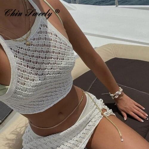 Solid Hollow Out Sleeveless Crop Top Women Sets Lace Up Side Split Half Skirt Female Suits 2021 Summer Beach Party Ladies Set