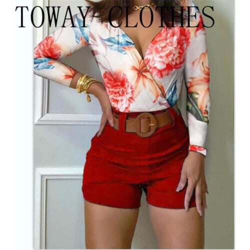 Summer Women V-neck Flower Printed Long Sleeve Top & Plain Pant Sets Top & Shorts sets Lady Outfits