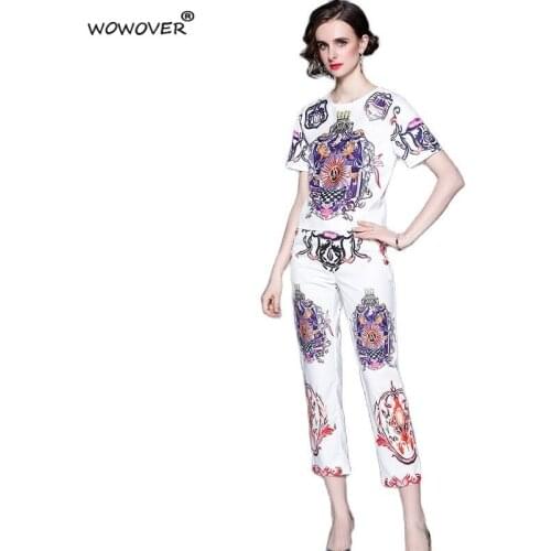 Summer Retro Fashion Runway 2 Piece Set for Women Short Sleeve Vintage Print Top with Pants Suit Casual Holiday Outfit