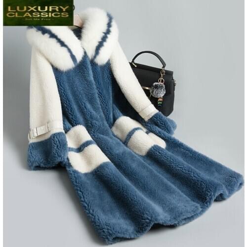 Women Coat Sheep Shearing 2021 Real Fox Fur Coat Female Jacket Long Winter Warm Fur Outwear Overcoat Abrigo Mujer LWL1188