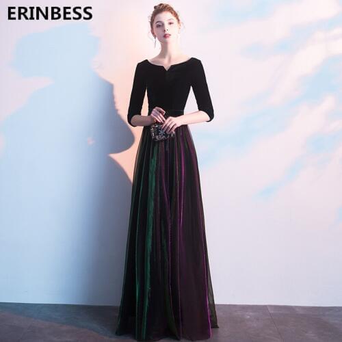 Vestido De Festa Half Sleeve Evening Dresses Robe De Soiree 2019 Floor Length Party Dress Scoop Neck A-line VELOUR Evening Dress