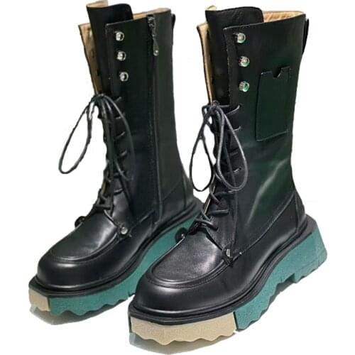 2021 New Fashion Boots Women Cowhide Leather High-End Luxury Shoes High Platform Mid-Calf Zipper and Lace-up Cool Style Wearing