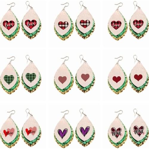 27 Pairs Three Layers Glitter Valentines Day Earrings Plaid Striped Love Heart Pu Leather Earrings Stock