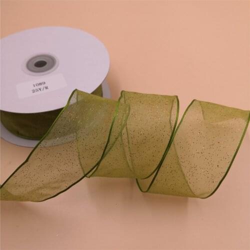 38MM 25yards Green Wired Edge Sheer Ribbon Sparkling Golden Glitter for Festival Christmas Decoration New Year Gift Wrapping