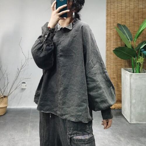 Women Linen Patchwork Blouse Ladies Flax Shirt Tops Female Retro Spring Autumn Shirts Blouses Plus Size tops