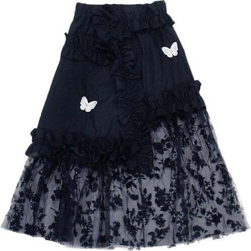 Black Irregular Skirt Women midi High-waisted A-line Elastic Mesh Skirt Three-Dimensional Butterfly Lotus Leaf Cute Kawaii Gothi