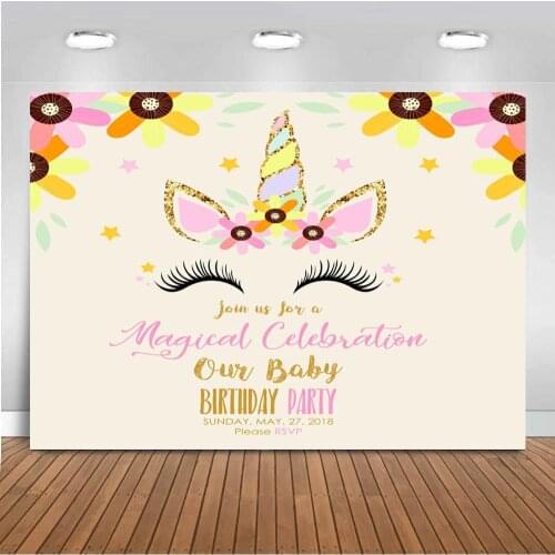 Floral Unicorn Baby One Birthday Party Banner Backgrounds Magical Celebration Newborn Photography Backdrops Photo Studio Prop