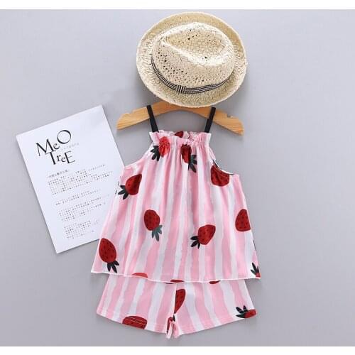 Girls Kids Pajamas Strawberry Pattern Sling Outfits Pajamas For Women Tops+Shorts Sleepwear Set 2pcs Baby Clothes