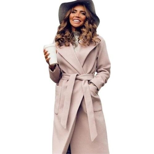 Elegant Winter Long Overcoat Womens coat lapel 2 pockets belted Jackets solid color coats Female Outerwear Plus Size