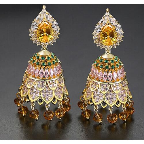 Indian Jhumka Jhumki Luxury AAA Cubic Zircon Bells Beads Drop Earrings Vintage Women Bridal Wedding Party Jewelry Ethnic Gypsy