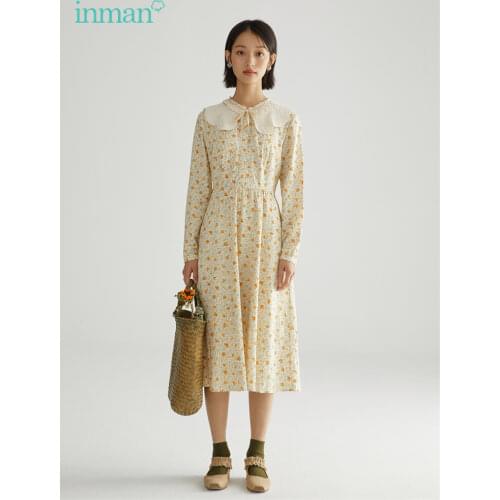 INMAN Autumn Spring Womens Dress French Pastoral Floral Lace Jacquard Lapel Collected Waist Lady Elegant One-Piece