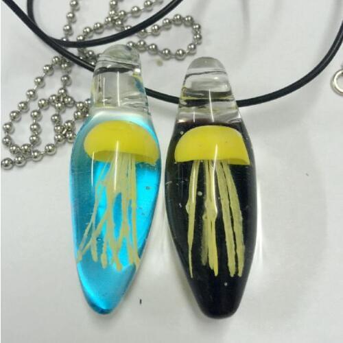 FREE SHIPPING 2 PCS 100% handcraft Yellow Jellyfish on Mix Glass Teardrop Pendant Necklace Charm Punk Hippie