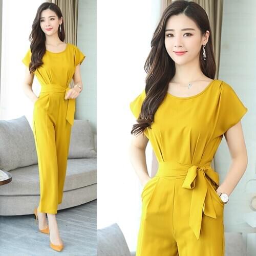 Summer Fashion Womens Short Sleeve Wide Leg Bow Sash Ginger Black Red Jumpsuit Overall , Yellow Overalls Jumpsuits For Women