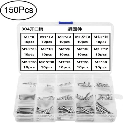 150pcs Split Cotter Pins Kit Set M1 M1.5 M2 M2.5 M3 304 Stainless Steel Hardware Assortment Box