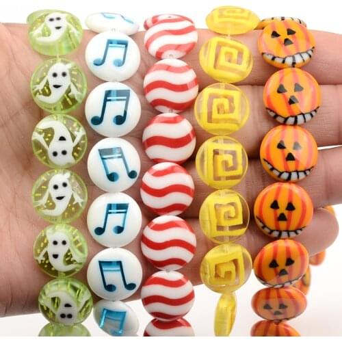 14mm Charm Pattern Flat Round Beads Lampwork Glazed Glass Beads For Jewelry Making Bracelet Earrings Accessories DIY