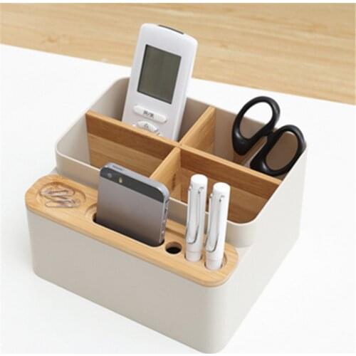 Multi-Function Desk Organizer Storage Box with Bamboo Partition, Holder Organizer for Pen/Pencil, Cell Phone, Business Name Card