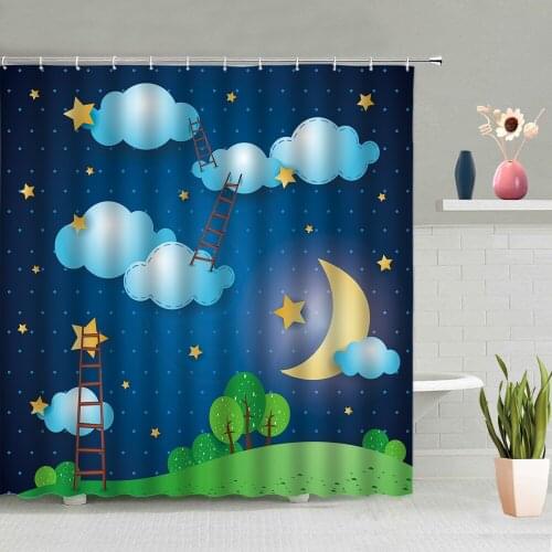 Cartoon Shower Curtains Starry Sky Fish Boat Childrens Bedroom Curtains Bathroom Bath Screens Washable With Hook Set Home Decor