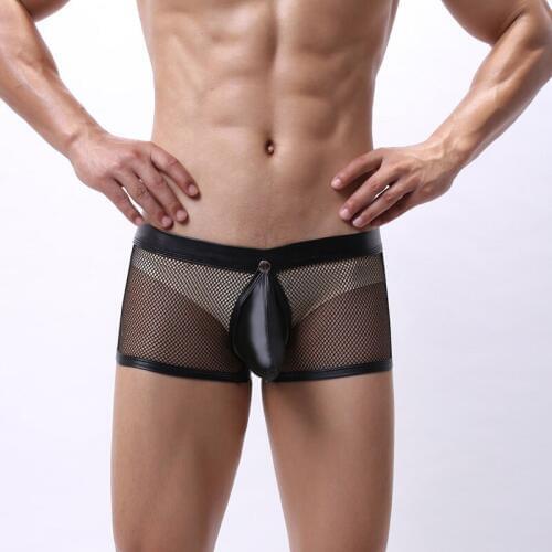 Men Boxer Shorts Open Crotch PU Leather Penis Pouch Male Underwear Mesh Transparent Open Butt Boxershort Erotic Sexi Gay Panties
