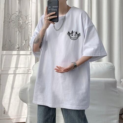HybSkr Spring Summer Mens T-shirts Korean Style Loose Little Devil Graphic T-shirt Casual Oversized T-Shirt Mens Clothing