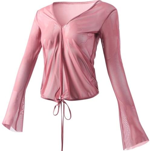 2021 New Dance Screen Top Womens Ballet Training Dress Trumpet Dleeve Lace Up Classical Adult Dance Wear Girls Dance Costume