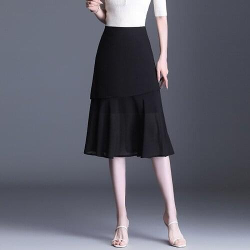 2021 Summer New Women Fashion Splice Ruffles High Waist Plus Size 4XL Black Mid-long Skrits Office Lady Elegant Slim Casual 9680