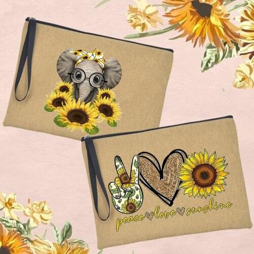 Elephant Sunflower Print Portable Cosmetic Bags Women Shopping Tote Travel Toiletry Storage Organizer Handbag Female Makeup Case