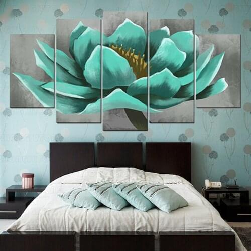 Turquoise Color Lotus Posters and Prints Bedroom 5 Pieces Canvas Print Home Decor Poster Abstract Room Decoration Pictures