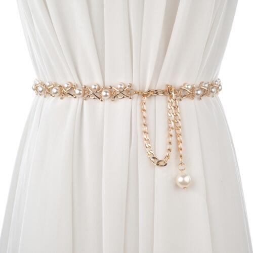 CETIRI Belts for Women Gold Metal Chain Stretchy Strap Elegant Waist Belt With Pearls Designer Metal Thin Belts ceinture femme