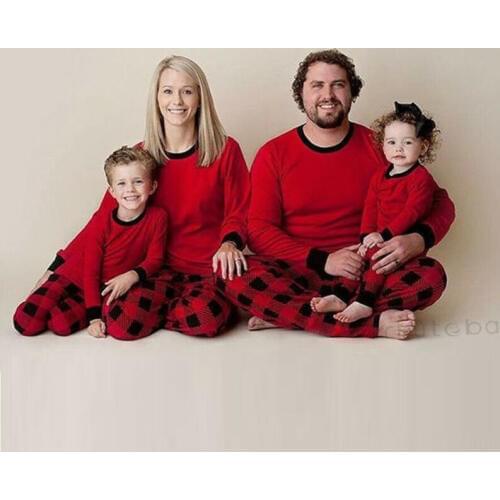 Xmas Christmas pajamas Family Look Matching Clothes Kids Mom Dad Pajamas PJs Sets Red Plaid Sleepwear Nightwear for 2-12Y Kids