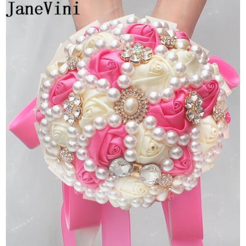 JaneVini Pink Satin Rose Bride Flower Bouquet Pearls Crystal Bridal Wedding Bouquets Beaded Girls Bridesmaid Bouquet De Marie