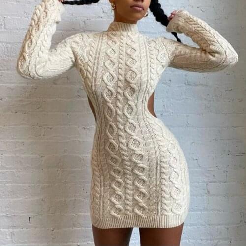 Knitted Backless Mini Dress Sexy Fashion Bodycon Long Sleeve Dresses Winter 2021 Hollow Out Party Solid Turtleneck Dress Women