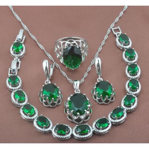 Unique Green Zirconia Silver Color Womens Wedding Jewelry Sets Bracelet Necklace Pendant Earrings Ring YZ0162