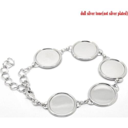 Lobster Clasp Bracelets Base Zinc Metal Alloy Silver Color Round Cabochon Settings (Fit 18mm Dia) 17cm(6 6/8") long , 2 PCs
