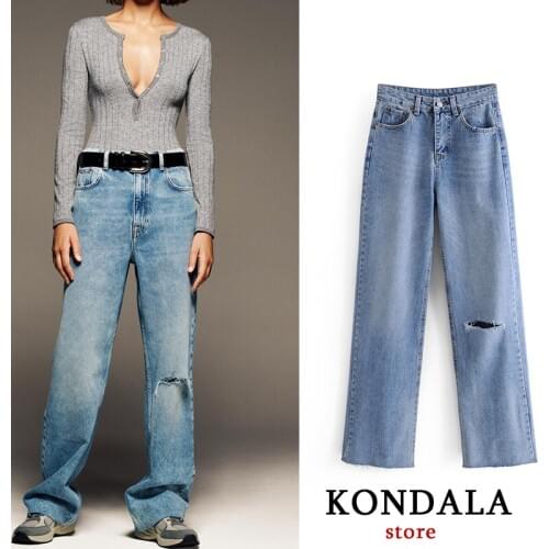 Women Light Blue Jeans Hole Chic Fashion Pockets High Waist Strretwear Trousers Za 2021 Zipper Fly Denim Female Jeans Mujer