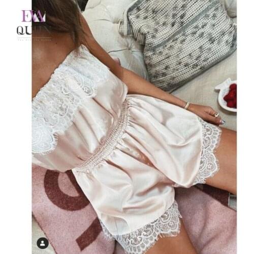 EvaQueen Lace Satin Solid Casual Playsuits Women Ruched High Waist Beach Overalls Backless Strapless Sexy Party Summer Rompers