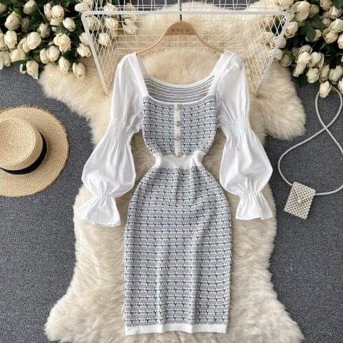 Puff Long Sleeve Patchwork Knit Bodycon Dress Women 2021 Autumn Fashion Square Collar Geometric Slim Mini Party Dress Vestidos