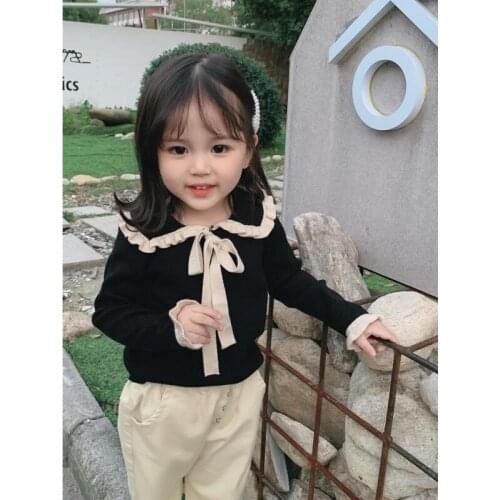 Winter Clothes for Girls Sweater Solid Turn Down Doll Collar Casual Cotton Top Sweater Princess Lacing Bottoming Shirt Sueter De