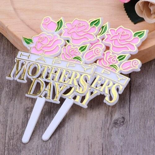 10 Pieces Happy Mothers Day Cake Decoration Cupcake Insert Card Cupcake Decoration Insert Supplies-Pink