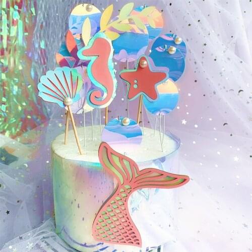 4PCS/Set Mermaid Party Happy Birthday Cake Topper Cupcake Toppers Girl Baby Shower Mermaid Theme Birthday Party Decorations