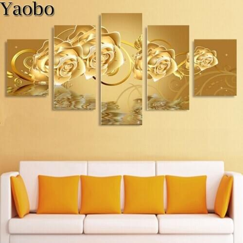 5 Panels Full Square round 5D DIY Diamond Painting Golden Rose Flower Embroidery diamond Mosaic Decoration Bedside Background