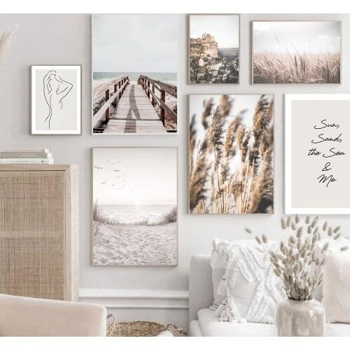 Abstract Line Woman Poster Beach Birds Bridge Canvas Print Wheat Reed Wall Art Painting Nordic Wall Pictures Living Room Decor